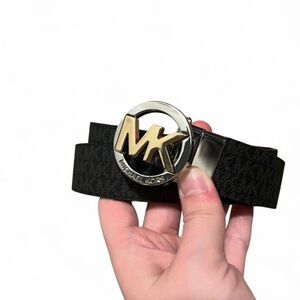 Michael Kors Black Logo Reversible Belt with Gold MK Buckle